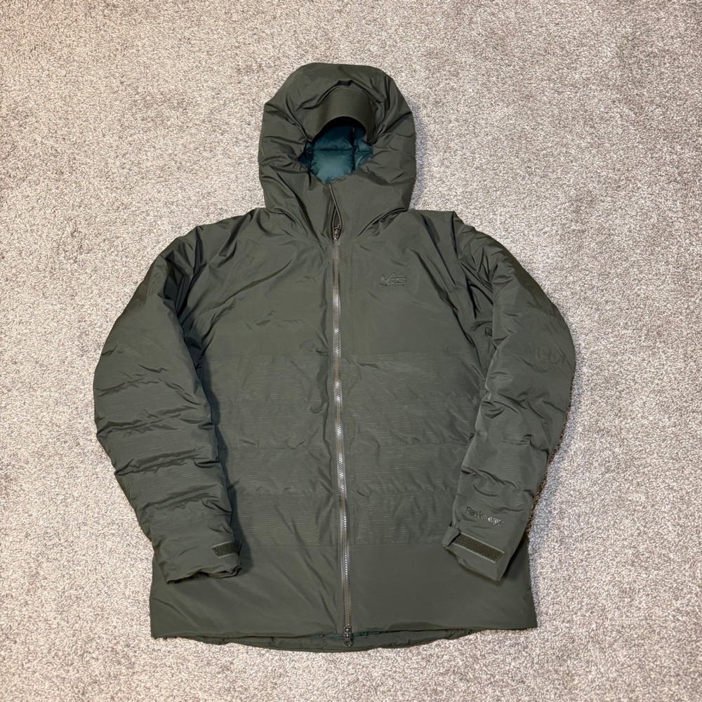 REI Co-op Stormhenge 850 Down Jacket Mens Large Olive Green Waterproof Parka